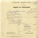 Registo de velocípede de marca Star, com o nº 2932, em nome de Fernando Rodrigo Félix Ferreira de Freitas, morador em Queluz.