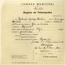 Registo de velocípede de marca Olga, com o nº 2777, em nome de Gabriel Rodrigo Martins, morador em Algueirão.