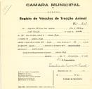 Registo de um veiculo de duas rodas tirado por um animal de espécie asinina destinado a transporte de mercadorias em nome de Augusto Filipe dos Santos, morador em Cabra Figa.