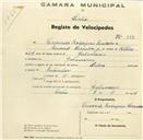 Registo de velocípede de marca Nubia, com o nº 898, em nome de Fernando Rodrigues Saraiva, morador em Galamares.