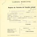 Registo de um veiculo de duas rodas tirado por um animal de espécie asinina destinado a transporte de mercadorias em nome de Margarida Prazeres Cardoso, morador em Pexiligais.