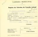 Registo de um veiculo de duas rodas tirado por um animal de espécie asinina destinado a transporte de mercadorias em nome de Margarida Prazeres Cardoso, morador em Pexiligais.