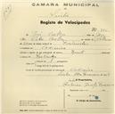 Registo de velocípede de marca Zenith, com o nº 785, em nome de José Coelho, morador em Codiceira.