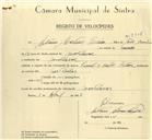 Registo de velocípede de marca Famel com motor Vitória, com o nº 9908, em nome de António Martins Ferreira, morador em Montelavar.