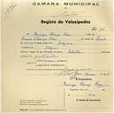 Registo de velocípede de marca Felostban, com o nº 384, em nome de Domingos Florêncio Rosa, morador em Godigana.