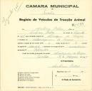 Registo de um veiculo de quatro rodas tirado por três animais de espécie muar destinado a transporte de mercadorias em nome de António Pedro, morador em Almargem do Bispo.