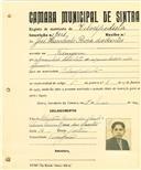 Registo de matricula de velocipedista em nome de José Humberto Rosa dos Santos, morador na Terrugem, com o nº de inscrição 2001.