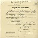 Registo de velocípede com o nº 1728, em nome de Maria Júlia de Barros, moradora em Vila Barros, Rinchoa.