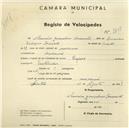 Registo de velocípede com o nº 2648, em nome de Américo Gonçalves Tormenta, morador em Massamá.