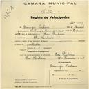 Registo de velocípede com o nº 537, em nome de Domingos Caetano, morador em Pero Pinheiro.