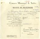 Registo de velocípede de marca Regina, com o nº 10146, em nome de Francisco Proença Cerdeira, morador em Massamá.