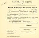 Registo de um veiculo de duas rodas tirado por dois animais de espécie asinina destinado a transporte de mercadorias em nome de Maximiano Vasco Isidoro, morador em Lameiras. 