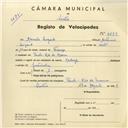 Registo de velocípede de marca Raleigh, com o nº 3833, em nome de Manuela Sugard, moradora em Paiões.