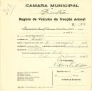 Registo de um veiculo de duas rodas tirado por um animal de espécie cavalar destinado a transporte de mercadorias em nome de Sociedade Civil Canas Cardim, sediada no Linhó.