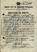 Boletim de óbito de Camila Maria da Assunção, moradora na Várzea de Sintra, sepultada no coval nº 7244, do cemitério de S. Marçal.