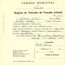 Registo de um veiculo de duas rodas tirado por um animalde espécie asinina destinado a transporte de mercadorias em nome de Roberto Artiaga, morador na Quinta das Labruscas.