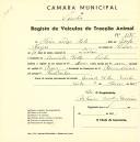 Registo de um veiculo de duas rodas tirado por um animal de espécie muar destinado a transporte de mercadorias em nome de Maria Luísa Melo, moradora na Quinta Velha em Sintra. 