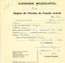 Registo de um veiculo de duas rodas tirado por dois animais de espécie asinina destinado a transporte de mercadorias em nome de Deolinda Isabel, moradora na Assafora.