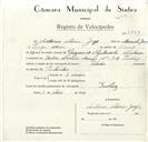 Registo de velocípede de marca Valadas, com o nº 8868, em nome de António Maria Jorge, morador em Queluz.