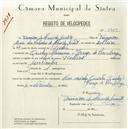 Registo de velocípede de marca Helios, com o nº 5429, em nome de Francisco de Almeida Garrett, morador em Granja de Pero Longo, Massamá.