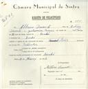 Registo de velocípede de marca Raio, com o nº 5695, em nome de Albino Duarte, morador em Linhó.
