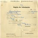 Registo de velocípede de marca Dinar, com o nº 549, em nome de Francisco Viegas Carreira, morador em Queluz.