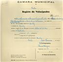 Registo de velocípede de marca Helios, com o nº 340, em nome de Maria Fernanda da Fonseca Ferreira de Freitas, moradora em Queluz.
