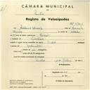 Registo de velocípede de marca Cycles, com o nº 3741, em nome de Adelino Dinis, morador em Rinchoa.