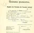 Registo de um veiculo de duas rodas tirado por dois animais de espécie bovina destinado a transporte de mercadorias em nome de Domingos Manuel Bicho, morador em Gouveia em Sintra.