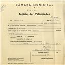 Registo de velocípede de marca Special, com o nº 4201, em nome de Manuel Rosa, morador em Albarraque.