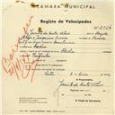 Registo de velocípede de marca Flecha, com o nº 2504, em nome de Jacinto da Costa Alves, morador em Cacém.