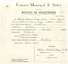 Registo de velocípede de marca Pombal, com o nº 9314, em nome de Elisiário Manuel J. Coelho, morador em Montelavar.
