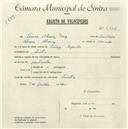 Registo de velocípede com o nº 5304, em nome de Tomás Alvarez Perez, morador em Sintra.
