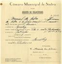 Registo de velocípede de marca Vilar com motor, com o nº 6656, em nome de Manuel da Silva, morador em Queluz.