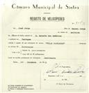 Registo de velocípede de marca Vilar Pachancho, com o nº 8260, em nome de José Jorge, morador em Terrugem.