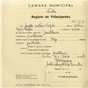 Registo de velocípede de marca Olga, com o nº 2919, em nome de Ângelo Mateus Tafulo, morador em Montelavar.