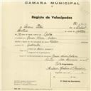 Registo de velocípede de marca Helios, com o nº 1210, em nome de Hans Peters, morador em Casas Novas.