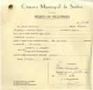 Registo de velocípede com o nº 10074, em nome de Lúcio Fernandes, morador em Colares.