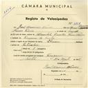 Registo de velocípede com o nº 3828, em nome de Raul Maurício Nunes, morador em Terrugem.