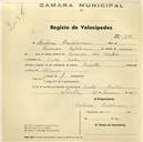 Registo de velocípede de marca Oriental, com o nº 744, em nome de António Bartolomeu, morador em Linhó.