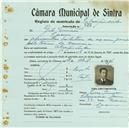 Registo de matricula de velocipedista em nome de Gil Simões, morador no Cacém, com o nº de inscrição 823.