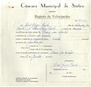 Registo de velocípede de marca Sachs, com o nº 8969, em nome de Raul Grego Paulo, morador em Praia das Maçãs.