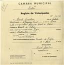 Registo de velocípede de marca Peugeot, com o nº 1602, em nome de David Gonçalves, morador em Quinta do Falcão.