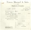 Registo de velocípede de marca Sachs, com o nº 8674, em nome de Júlio António, morador em Negrais.
