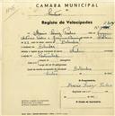 Registo de velocípede de marca Nubia, com o nº 2314, em nome de Mário Luís Pedro, morador em Bolembre.