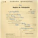 Registo de velocípede de marca Dinar, com o nº 1363, em nome de Júlio Augusto Dias, morador em Queluz.