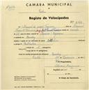 Registo de velocípede de marca Bottechia, com o nº 2353, em nome de Manuel de Jesus Ferreira, morador em Queluz.