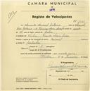 Registo de velocípede de marca Nacional, com o nº 2331, em nome de Armando Amaral Catarino, morador em Vivenda Maria Luísa, Sintra.