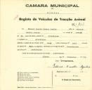 Registo de um veiculo de duas rodas tirado por dois animais de espécie asinina destinado a transporte de mercadorias em nome de Manuel Duarte Azenha Júnior, morador em Alvarinhos.