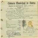 Registo de matricula de velocipedista em nome de Pedro Martins Caracol, morador em Morelinho, com o nº de inscrição 587.